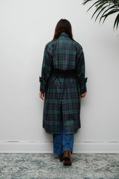 Vintage Navy and Green Tartan Trench Coat with Belt