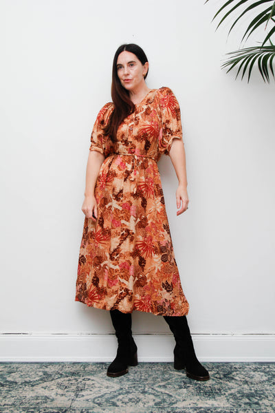 Vintage 1970s Autumnal Floral Viscose Dress, Fitted Silhouette