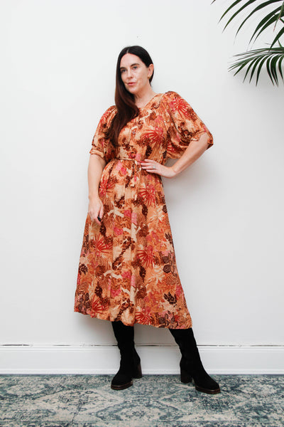 Vintage 1970s Autumnal Floral Viscose Dress, Fitted Silhouette