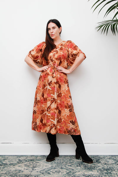 Vintage 1970s Autumnal Floral Viscose Dress, Fitted Silhouette