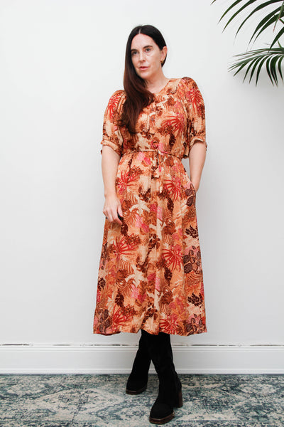 Vintage 1970s Autumnal Floral Viscose Dress, Fitted Silhouette