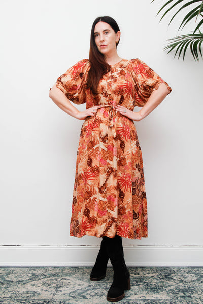 Vintage 1970s Autumnal Floral Viscose Dress, Fitted Silhouette