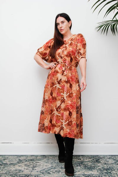 Vintage 1970s Autumnal Floral Viscose Dress, Fitted Silhouette