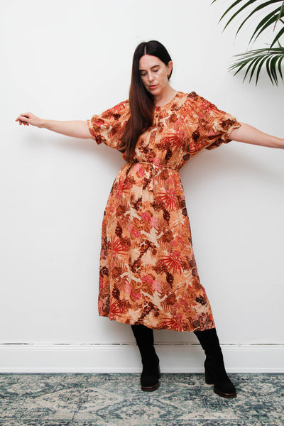 Vintage 1970s Autumnal Floral Viscose Dress, Fitted Silhouette
