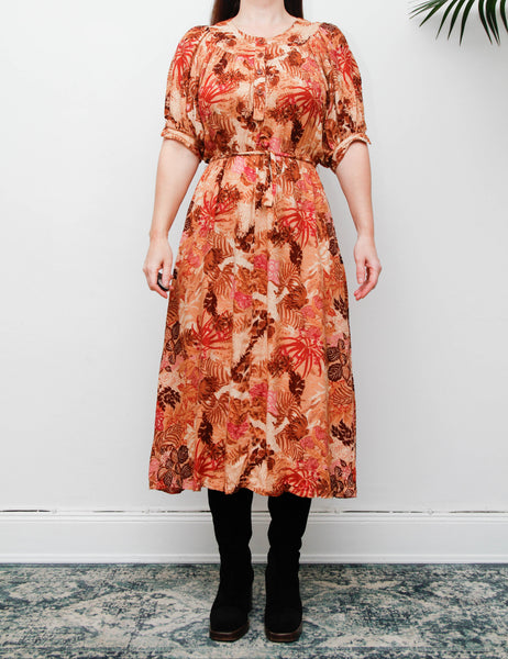 Vintage 1970s Autumnal Floral Viscose Dress, Fitted Silhouette