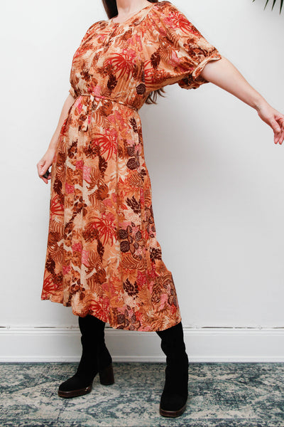 Vintage 1970s Autumnal Floral Viscose Dress, Fitted Silhouette