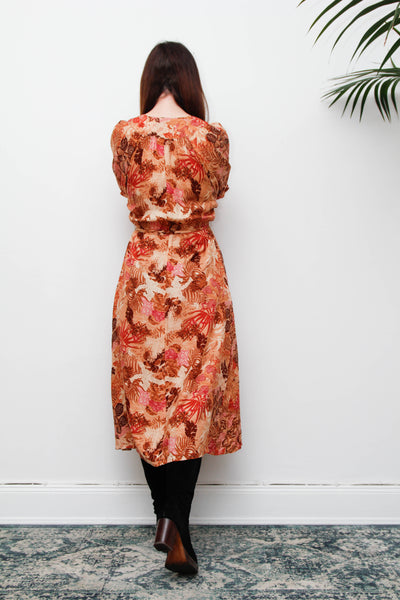 Vintage 1970s Autumnal Floral Viscose Dress, Fitted Silhouette