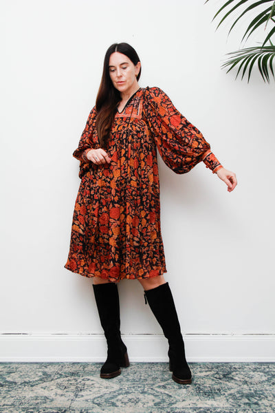 Rare Vintage Rita Kumar Indian Silk Dress, Black & Orange Floral Bishop Sleeves