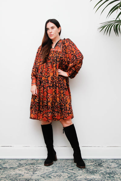 Rare Vintage Rita Kumar Indian Silk Dress, Black & Orange Floral Bishop Sleeves