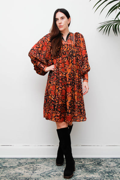 Rare Vintage Rita Kumar Indian Silk Dress, Black & Orange Floral Bishop Sleeves