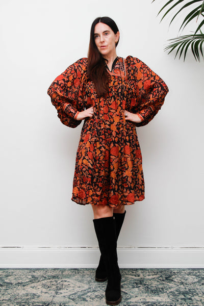 Rare Vintage Rita Kumar Indian Silk Dress, Black & Orange Floral Bishop Sleeves