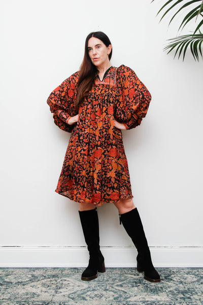 Rare Vintage Rita Kumar Indian Silk Dress, Black & Orange Floral Bishop Sleeves