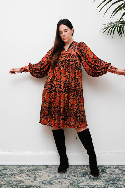 Rare Vintage Rita Kumar Indian Silk Dress, Black & Orange Floral Bishop Sleeves