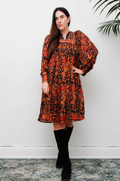 Rare Vintage Rita Kumar Indian Silk Dress, Black & Orange Floral Bishop Sleeves
