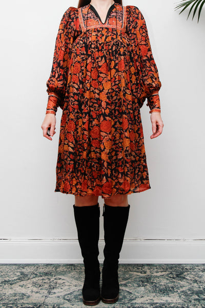 Rare Vintage Rita Kumar Indian Silk Dress, Black & Orange Floral Bishop Sleeves