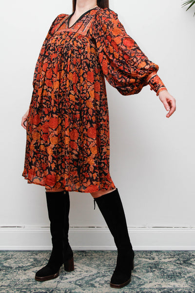Rare Vintage Rita Kumar Indian Silk Dress, Black & Orange Floral Bishop Sleeves