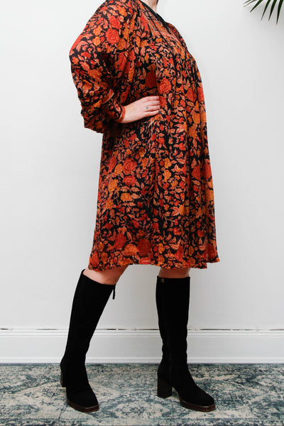 Rare Vintage Rita Kumar Indian Silk Dress, Black & Orange Floral Bishop Sleeves