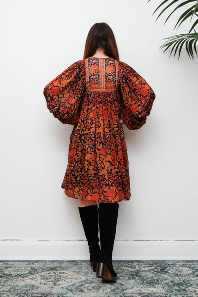 Rare Vintage Rita Kumar Indian Silk Dress, Black & Orange Floral Bishop Sleeves