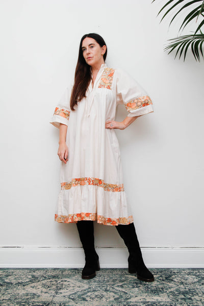 Vintage 1970s Cream Cotton Bohemian Smock Dress, Orange Floral Print Kaftan