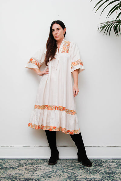 Vintage 1970s Cream Cotton Bohemian Smock Dress, Orange Floral Print Kaftan