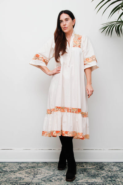Vintage 1970s Cream Cotton Bohemian Smock Dress, Orange Floral Print Kaftan