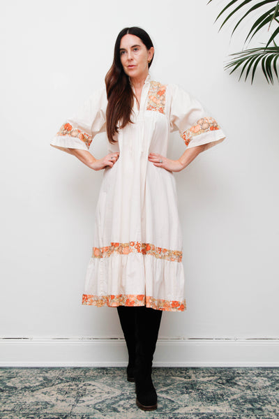 Vintage 1970s Cream Cotton Bohemian Smock Dress, Orange Floral Print Kaftan