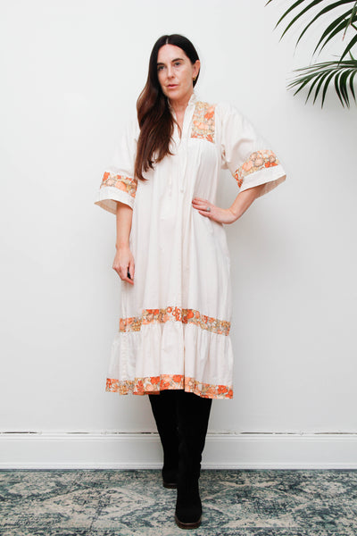 Vintage 1970s Cream Cotton Bohemian Smock Dress, Orange Floral Print Kaftan