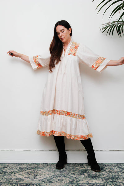 Vintage 1970s Cream Cotton Bohemian Smock Dress, Orange Floral Print Kaftan