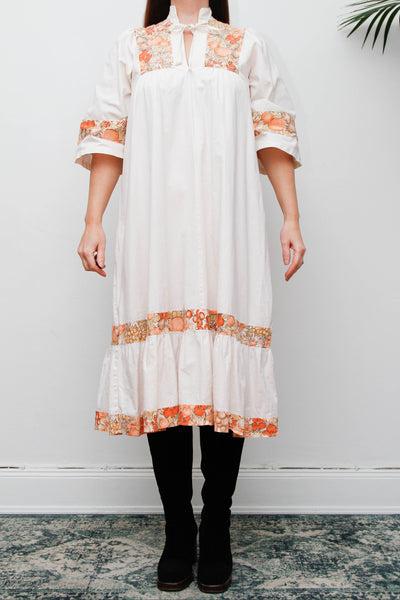 Vintage 1970s Cream Cotton Bohemian Smock Dress, Orange Floral Print Kaftan