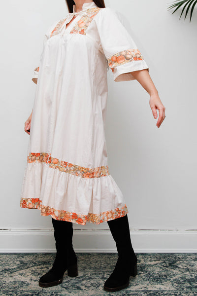 Vintage 1970s Cream Cotton Bohemian Smock Dress, Orange Floral Print Kaftan
