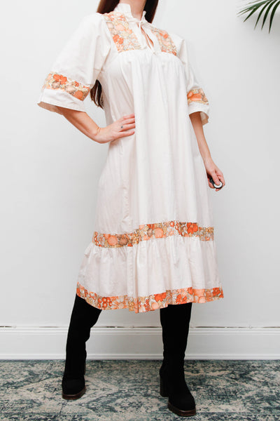 Vintage 1970s Cream Cotton Bohemian Smock Dress, Orange Floral Print Kaftan