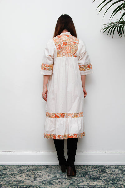 Vintage 1970s Cream Cotton Bohemian Smock Dress, Orange Floral Print Kaftan