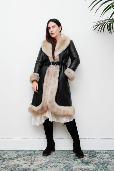 Rare Vintage 1970s Afghan Sheepskin Coat, Black Leather & Fur