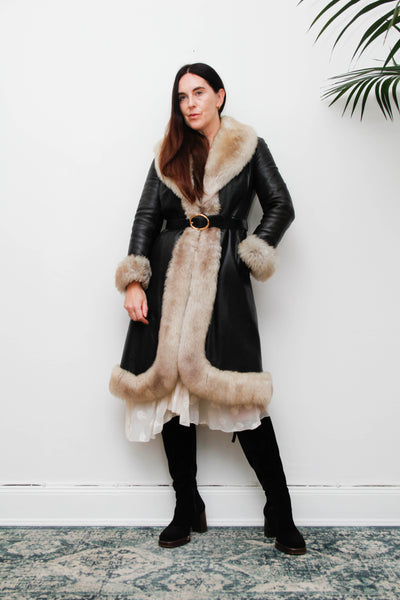 Rare Vintage 1970s Afghan Sheepskin Coat, Black Leather & Fur