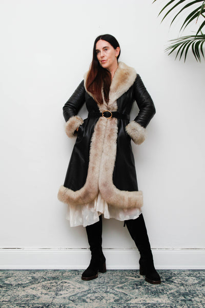 Rare Vintage 1970s Afghan Sheepskin Coat, Black Leather & Fur