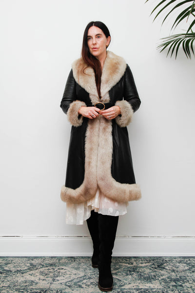 Rare Vintage 1970s Afghan Sheepskin Coat, Black Leather & Fur