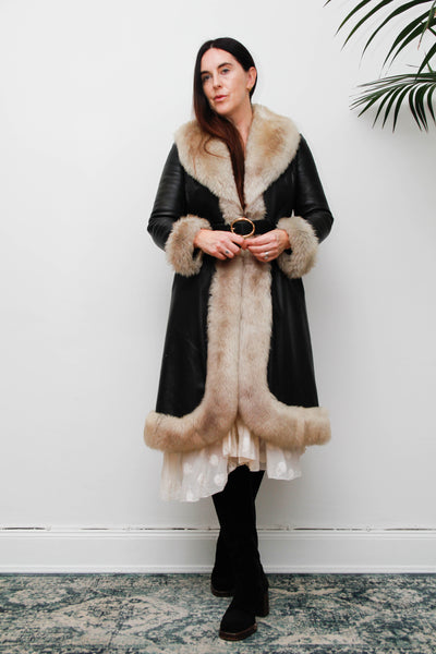 Rare Vintage 1970s Afghan Sheepskin Coat, Black Leather & Fur