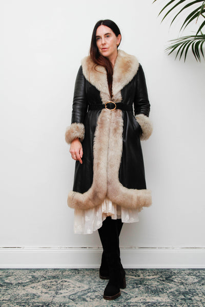 Rare Vintage 1970s Afghan Sheepskin Coat, Black Leather & Fur