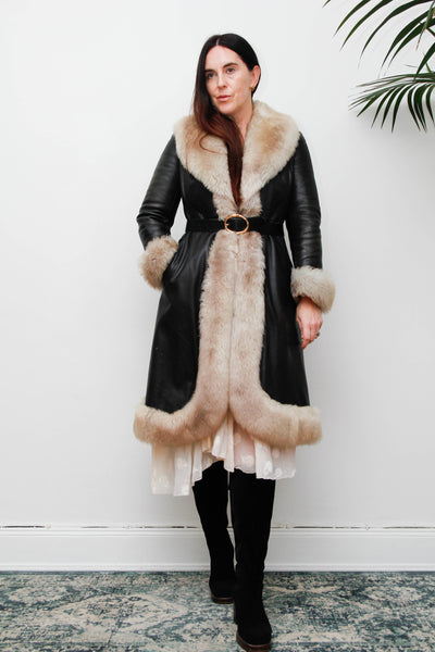 Rare Vintage 1970s Afghan Sheepskin Coat, Black Leather & Fur