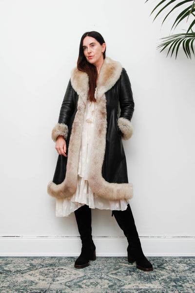 Rare Vintage 1970s Afghan Sheepskin Coat, Black Leather & Fur