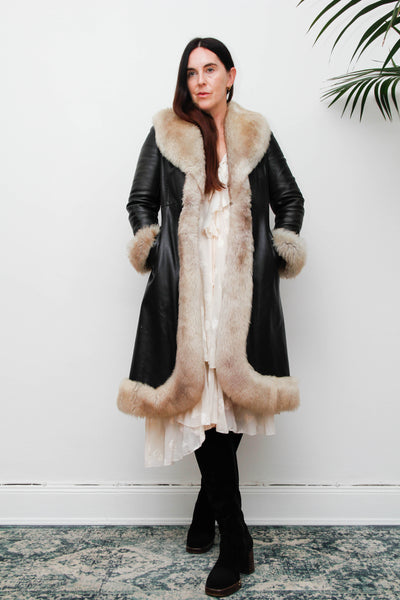 Rare Vintage 1970s Afghan Sheepskin Coat, Black Leather & Fur