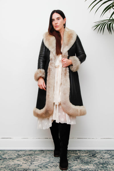 Rare Vintage 1970s Afghan Sheepskin Coat, Black Leather & Fur
