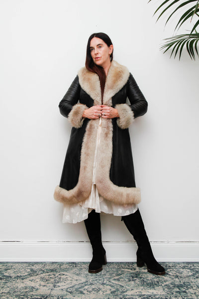 Rare Vintage 1970s Afghan Sheepskin Coat, Black Leather & Fur