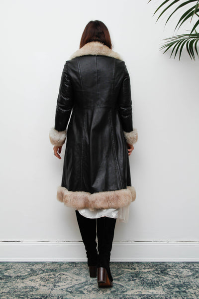 Rare Vintage 1970s Afghan Sheepskin Coat, Black Leather & Fur
