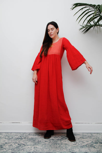 Vintage 1970s Red Cheesecloth Cotton Maxi Dress, Bohemian Kaftan Sleeves