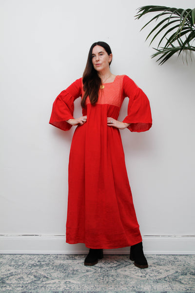 Vintage 1970s Red Cheesecloth Cotton Maxi Dress, Bohemian Kaftan Sleeves