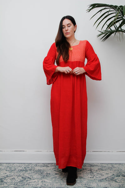 Vintage 1970s Red Cheesecloth Cotton Maxi Dress, Bohemian Kaftan Sleeves