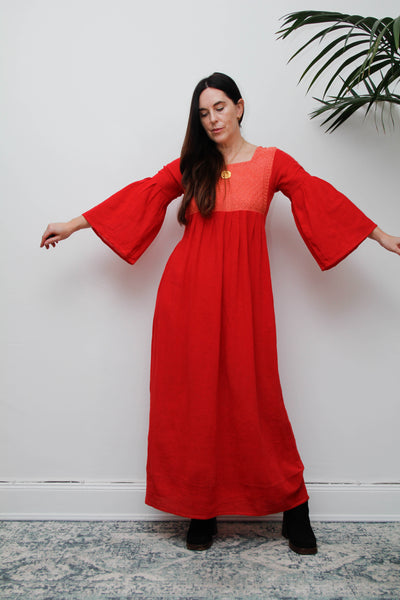 Vintage 1970s Red Cheesecloth Cotton Maxi Dress, Bohemian Kaftan Sleeves