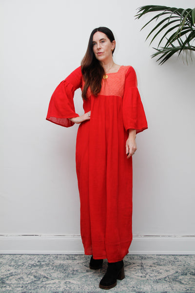 Vintage 1970s Red Cheesecloth Cotton Maxi Dress, Bohemian Kaftan Sleeves