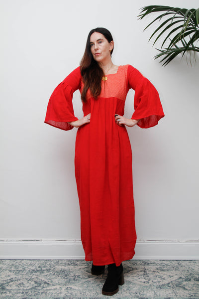 Vintage 1970s Red Cheesecloth Cotton Maxi Dress, Bohemian Kaftan Sleeves